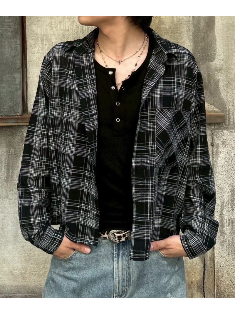 Chikashitsu + 【Chikashitsu +】cropped linen check shirt / シャツ チェックシャツ 長袖シャツ ネバーマインドザエックスユー／チカシツプラス トップス シャツ・ブラウス ホワイト ネイビー ブラック【送料無料】