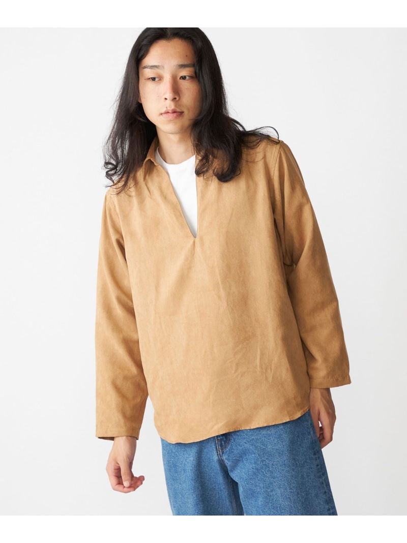 【SALE／50%OFF】SHIPS MEN BENCH MARKING SHIRT: スキッパー ポリエステル フェイクスエード シャツ シップス トップス シャツ・ブラウス ベージュ グレー【RBA_E】【送料無料】