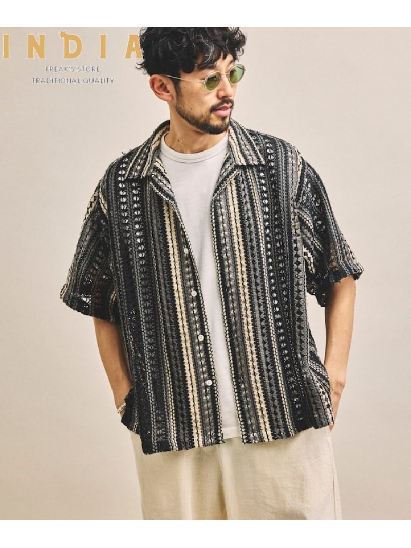 FREAK'S STORE 【新色追加】インド製 リラックスフィット 総柄レース マルチストライプ オープンカラーシャツ ショートスリーブ フリークスストア トップス シャツ・ブラウス ブラック グリーン ブラウン【送料無料】 7,018円