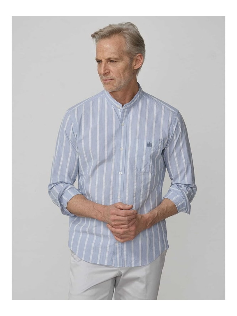 【SALE／30%OFF】Aquascutum MEN Wide Multi Stripe Band Collar Shirt アクアスキュータム トップス シャツ・ブラウス ブルー【RBA_E】【送料無料】