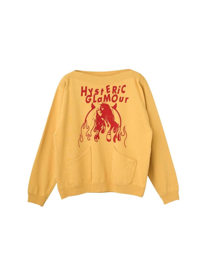 HYSTERIC GLAMOUR FIRE WOMAN ボートネックスウェット ヒステリックグラマー トップス スウェット・トレーナー 黒いこと 黄色 白いこと【貨物輸送無料】