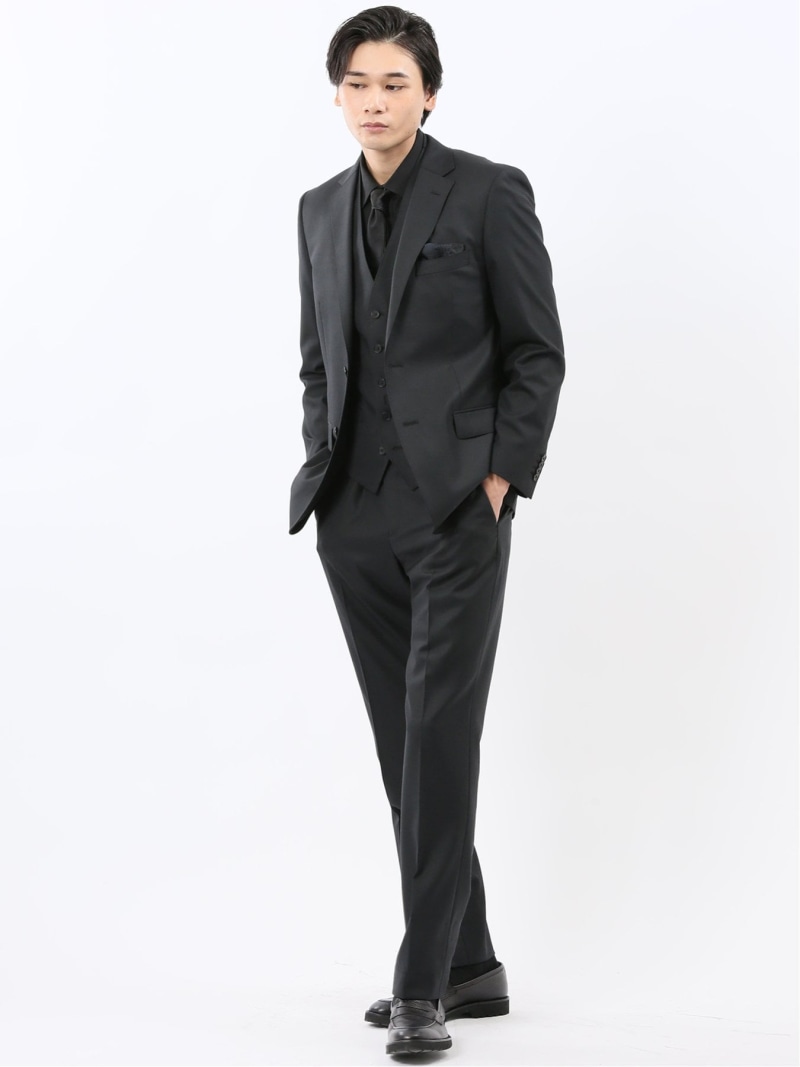 【SALE／30%OFF】TAKA-Q 光沢ウール混 スリムフィット 2ボタン3ピーススーツ 組織黒 タカキュー スーツ・フォーマル セットアップスーツ【RBA_E】【送料無料】