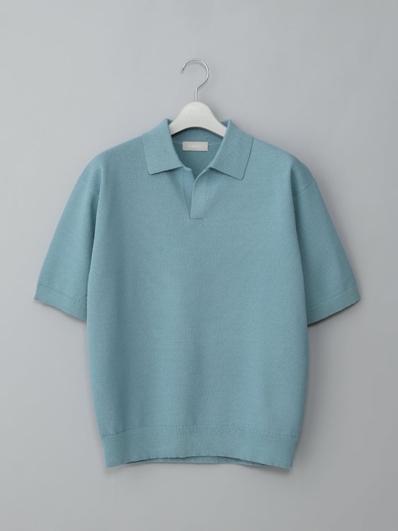 【SALE／5%OFF】SUIT SQUARE GOOVI スキッパーポロニット半袖 ウォッシャブル 和紙ブレンドプレーティング 背広 真四角 トップス スポーツシャツ 青み【RBA_E】【貨物輸送無料】