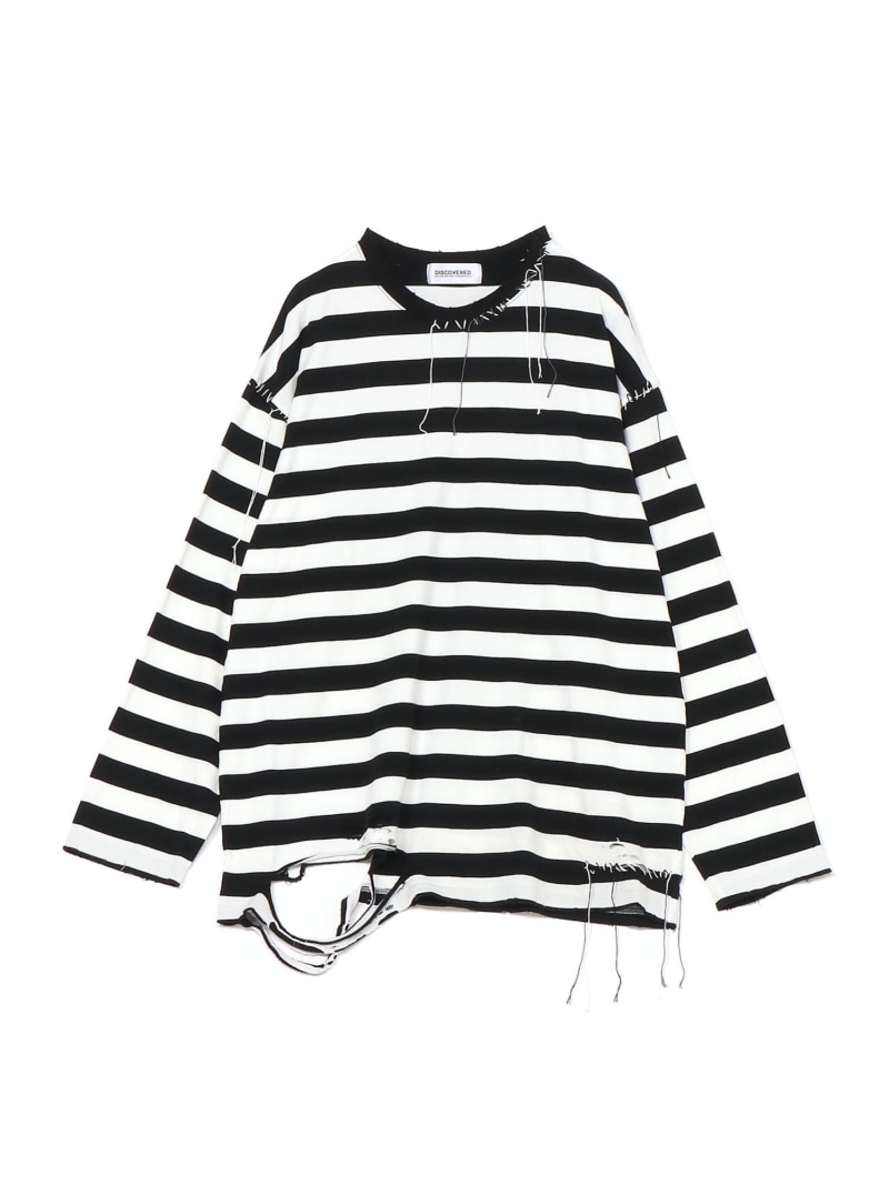 【SALE／30%OFF】DISCOVERED DISCOVERED/(U)LOOPING DAMAGE BORDER CUTSAW ディスカバード トップス カットソー・Tシャツ ブラック グレー【RBA_E】【送料無料】