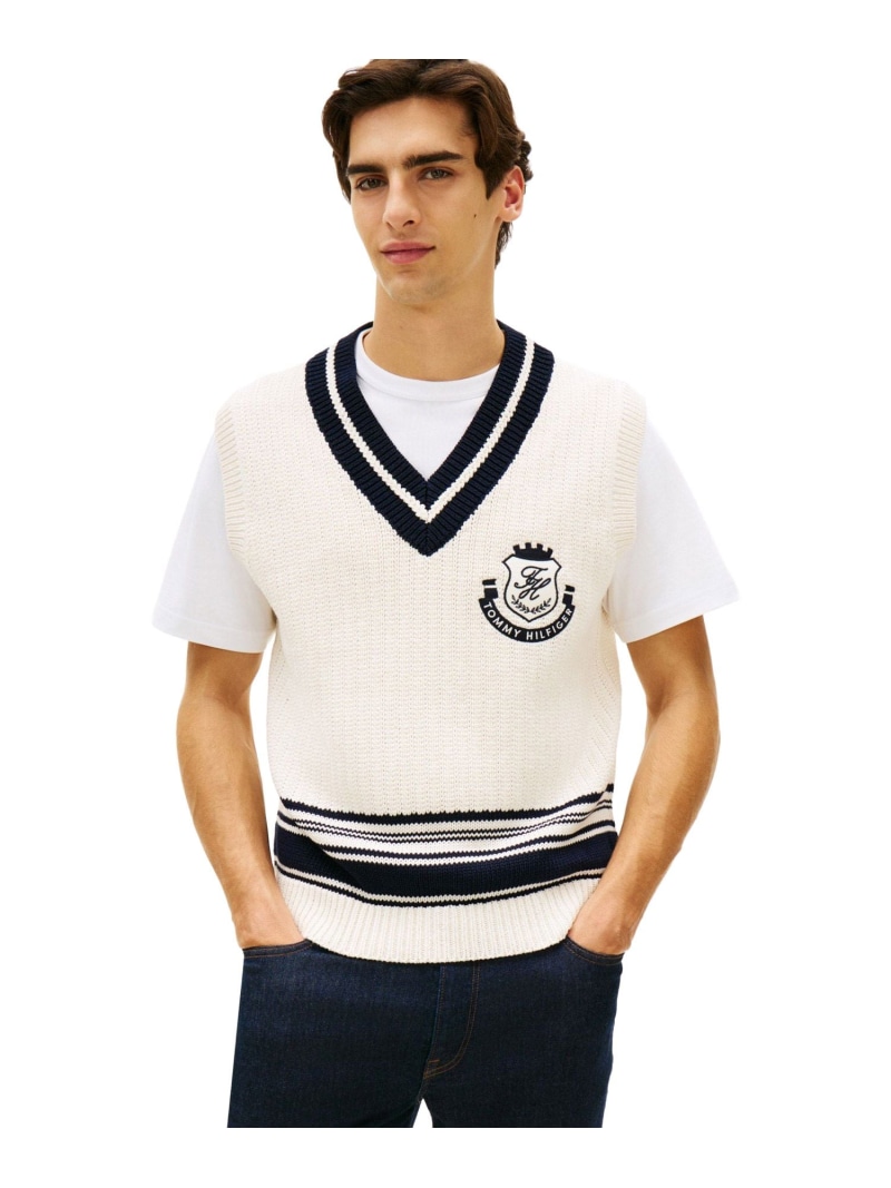 TOMMY HILFIGER アスレジャーVネックニットベスト トミーヒルフィガー トップス 編み物 白いこと【貨物輸送無料】