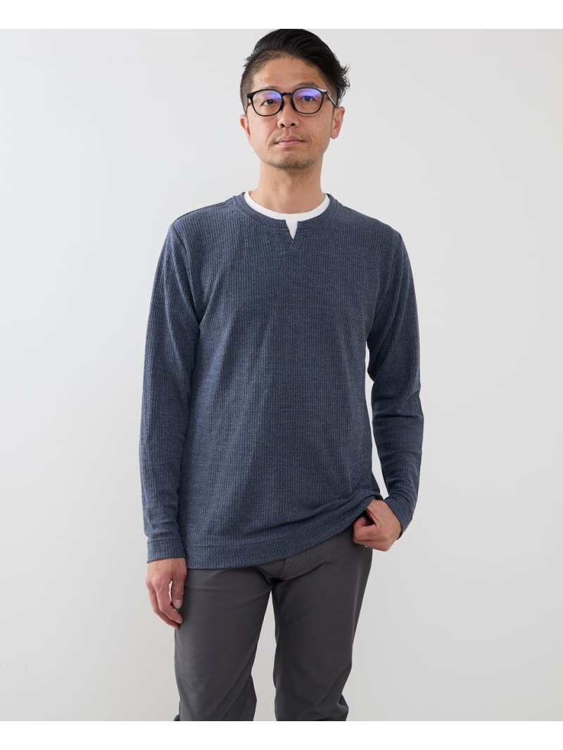 MEN MELROSE リンクスストライプカノコ キーネックTシャツ メンズメルローズ トップス カットソー・Tシャツ ネイビー グリーン【送料無料】
