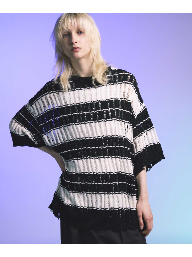MAISON SPECIAL Prime-Over Damage Mesh Border Sleeve Crew Neck Knit T-Shirt メゾンスペシャル トップス ニット ブラック【送料無料】