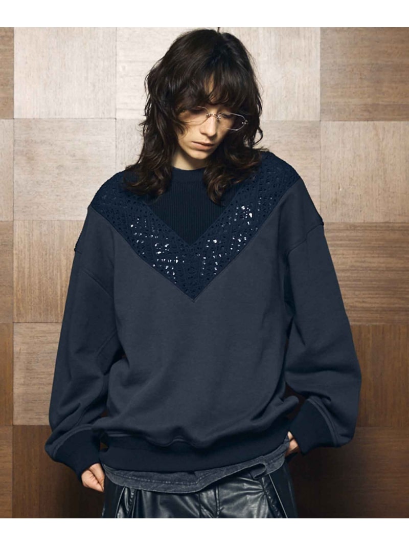 【SALE／30%OFF】MAISON SPECIAL Lace Knit V-Switching Combination Sweat Crew Neck Pullover メゾンスペシャル トップス スウェット・トレーナー 黒いこと 薄墨色【RBA_E】【貨物輸送無料】