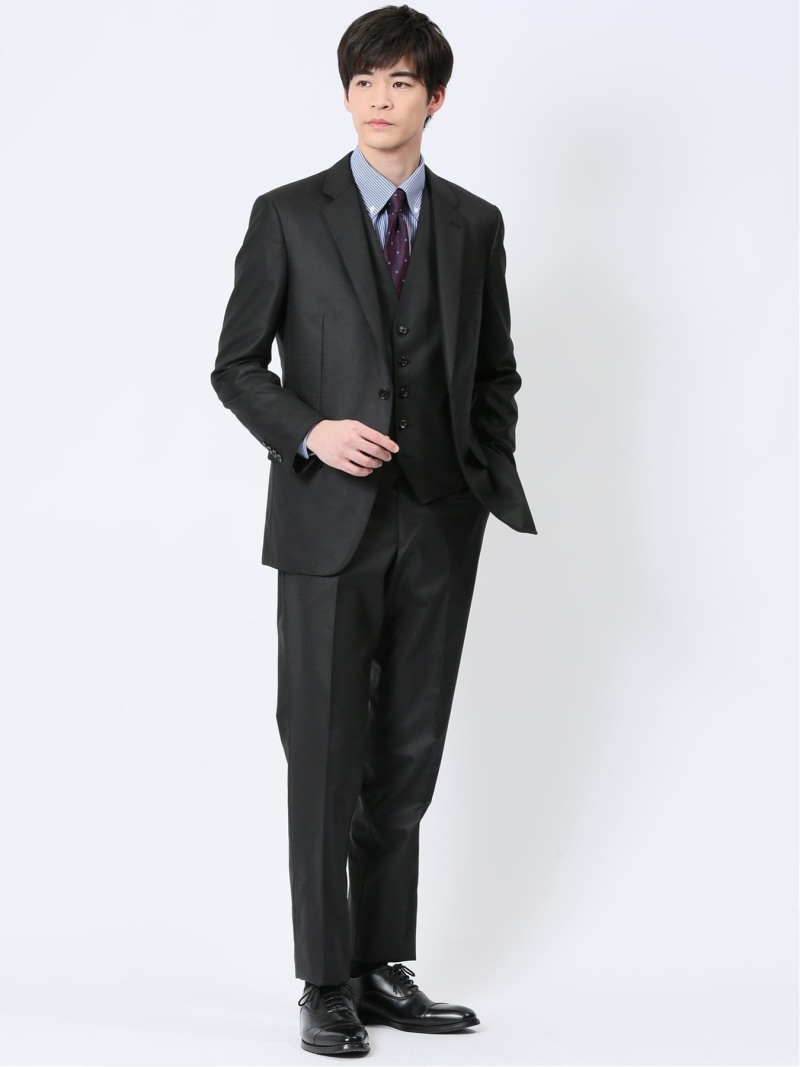 m.f.editorial 光沢ウール混 スリムフィット 2ボタン3ピーススーツ 千鳥黒 タカキュー スーツ・フォーマル セットアップスーツ ブラック【送料無料】
