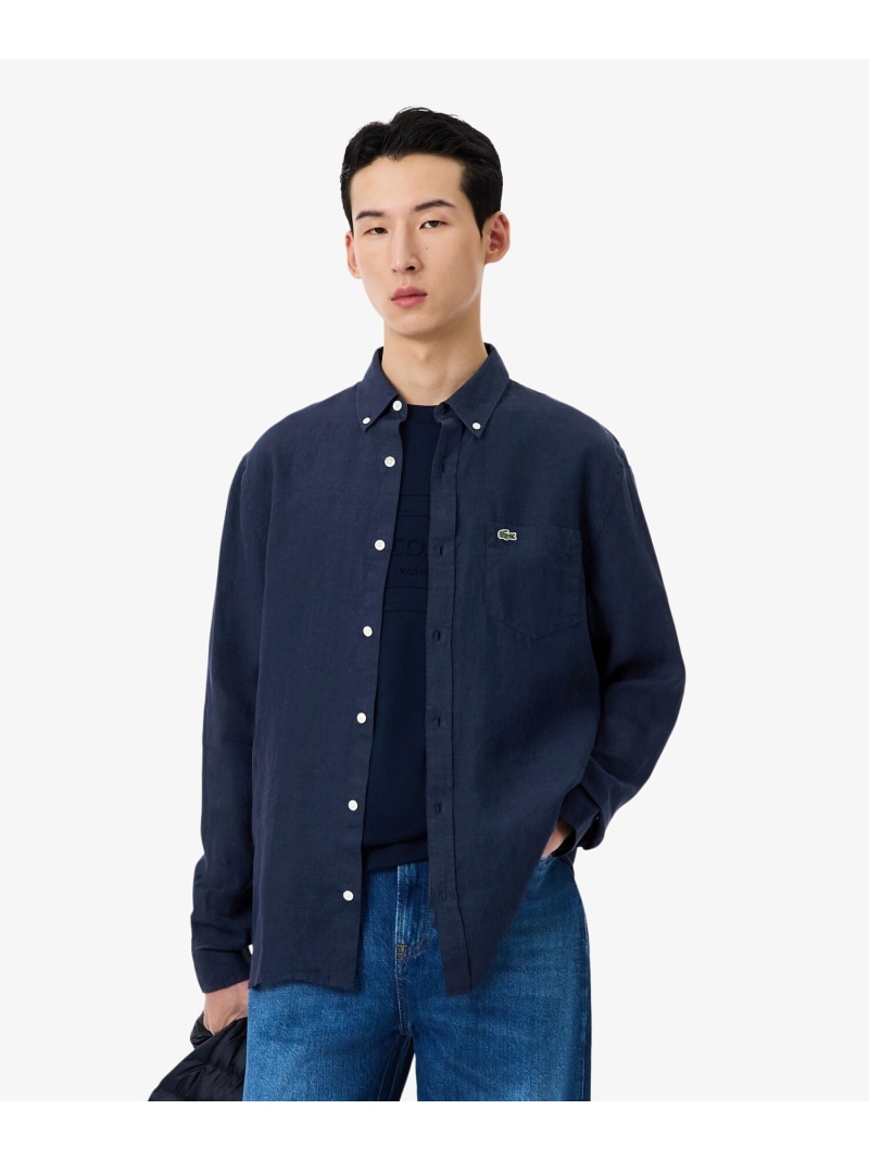 LACOSTE リネンボタンダウン長袖シャツ ラコステ トップス シャツ・ブラウス ブルー ホワイト ネイビー【送料無料】 15,048円