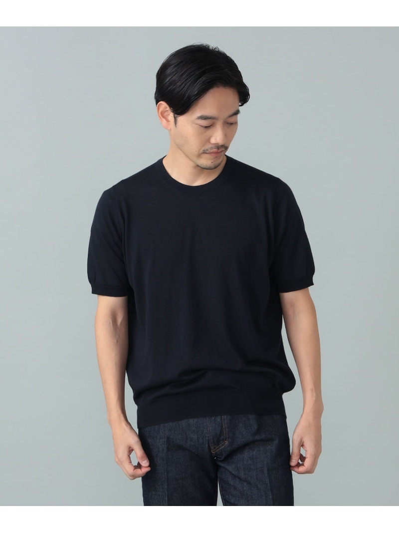BEAMS F JOHN SMEDLEY / HILCOTE ウールコットン クルーネック ショートスリーブ ニット ビームス メン トップス カットソー・Tシャツ ネイビー シルバー【送料無料】