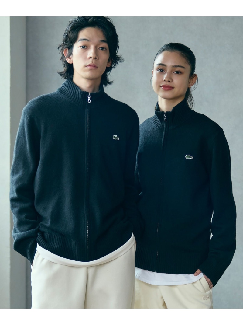 LACOSTE ハイネックフルジップ ウールニットセーター / ドライバーズニット ラコステ トップス 編み物 黒いこと 米国海軍 薄墨色【貨物輸送無料】