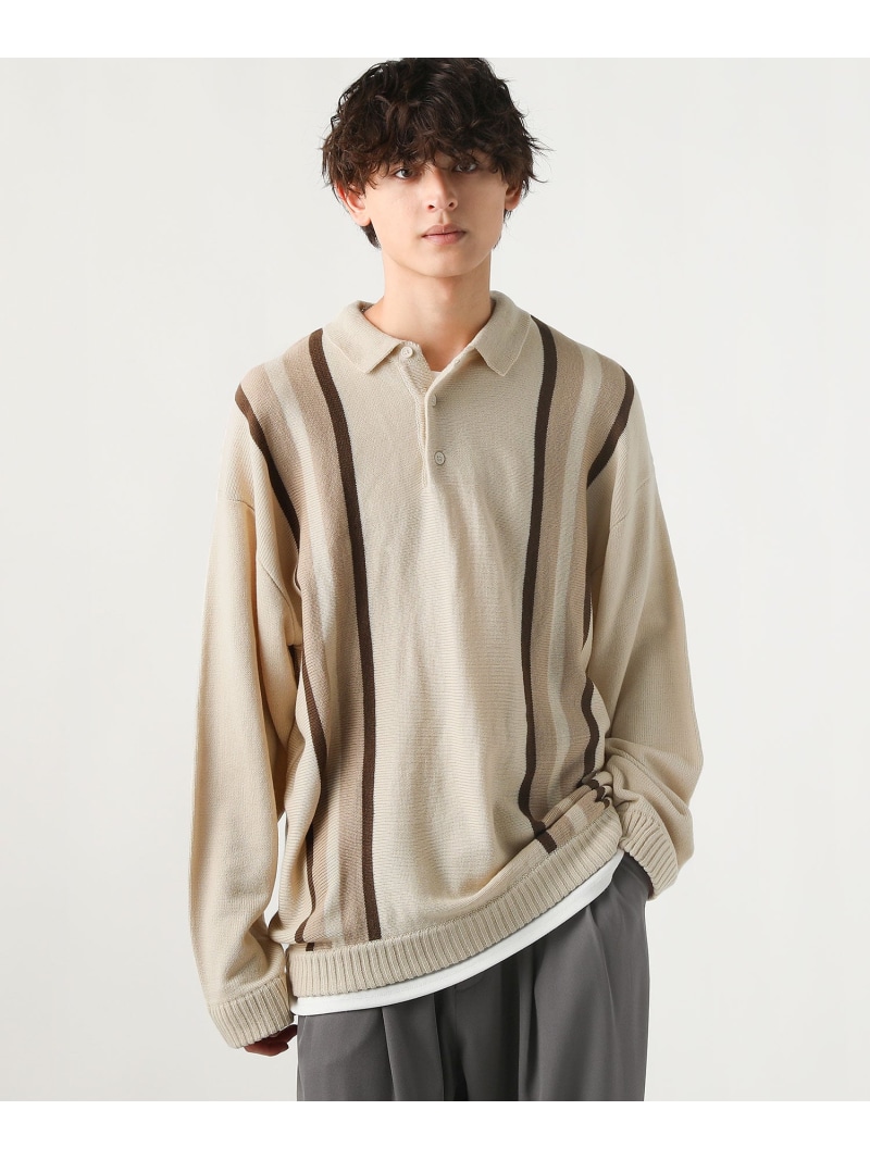 【SALE／5%OFF】Revo. ラインストライプ長袖ニットポロシャツ カジュアル トップス ニット ブラウン ブラック【RBA_E】【送料無料】