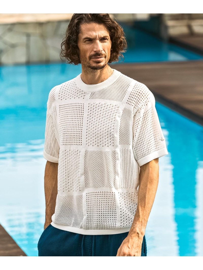 1PIU1UGUALE3 RELAX 1PIU1UGUALE3 RELAX ブロックメッシュニット半袖Tシャツ シフォン トップス カットソー・Tシャツ ブラック ネイビー ベージュ ホワイト【送料無料】｜ Fashion Men 9,112円