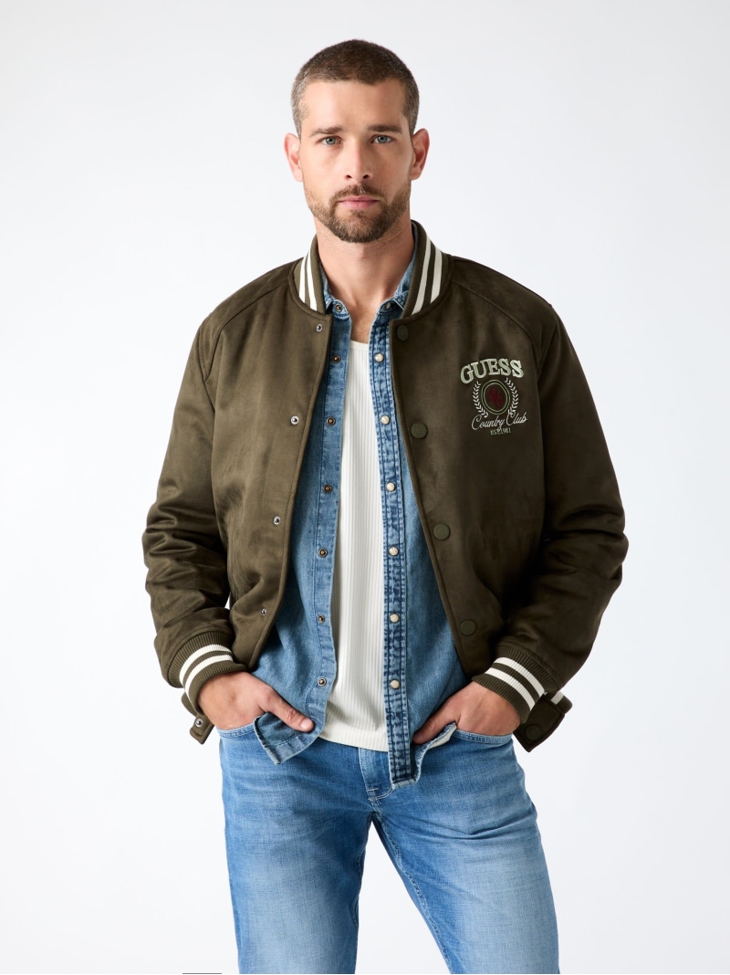 GUESS GUESS/(M)VARSITY Suede Jacket ゲス ジャケット・アウター スタジャン・スカジャン カーキ緑であること【貨物輸送無料】