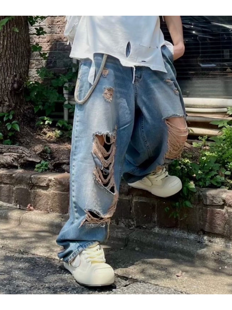 XU 【XU】damage denim pants ネバーマインドザエックスユー／チカシツプラス ズボン下 デニム・ジーンズズボン下 青色 薄墨色【貨物輸送無料】