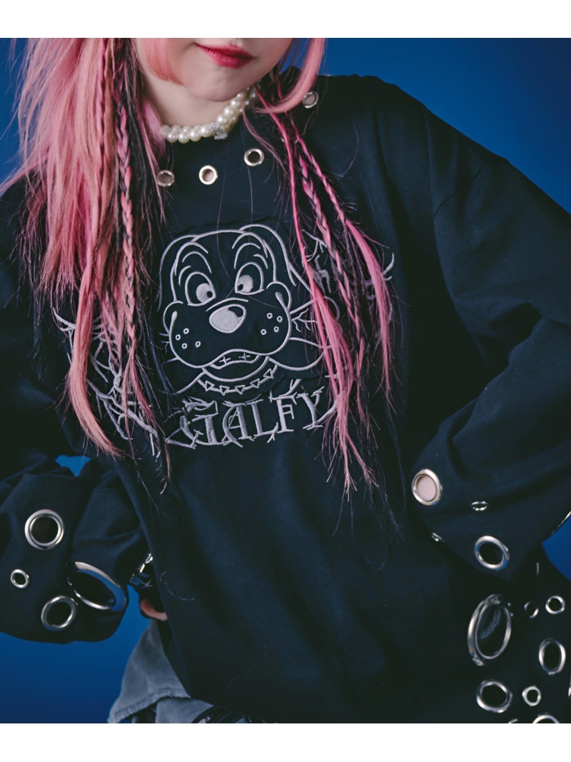 GALFY 【GALFY】穴あきPUNCH ロンTEE ネバーマインドザエックスユー／チカシツプラス トップス カットソー・プルオーバー 薄墨色 白いこと 黒いこと【貨物輸送無料】