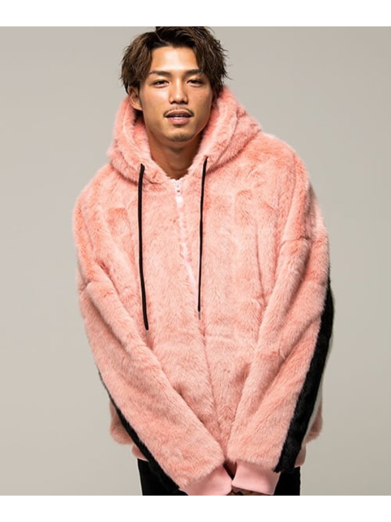 CavariA CavariAビッグシルエットライン切り替えジップアップファーパーカー シルバーバレット トップス パーカー・フーディー ピンク グレー ブラック ワインレッド ホワイト ベージュ【送料無料】