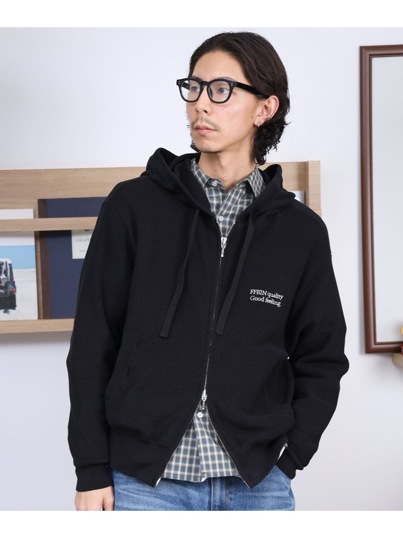 FFEIN 【FFEIN(フェイン)】ワンポイント刺繍フード短丈ニットPK / ジップパーカー ダブルジップ ニット フーディ 刺繍 【短丈】 ナバル トップス パーカー・フーディー ブラウン カーキグリーン ブラック グレー ネイビー【送料無料】