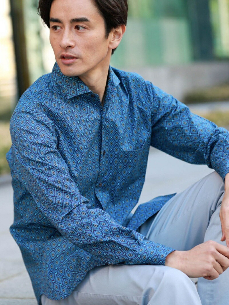 超歓迎 Paul Stuart イタリアンカラープリントシャツ カジュアルシャツ ポール スチュアート シャツ ブラウス 長袖シャツ ブルー レッド 本店は Finance Skylines Ae