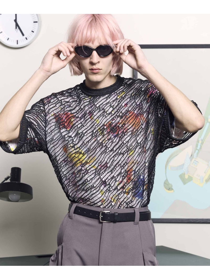MAISON SPECIAL Prime-Over Random Mesh Crew Neck Knit T-shirt メゾンスペシャル トップス ニット ピンク ホワイト ブラック【送料無料】