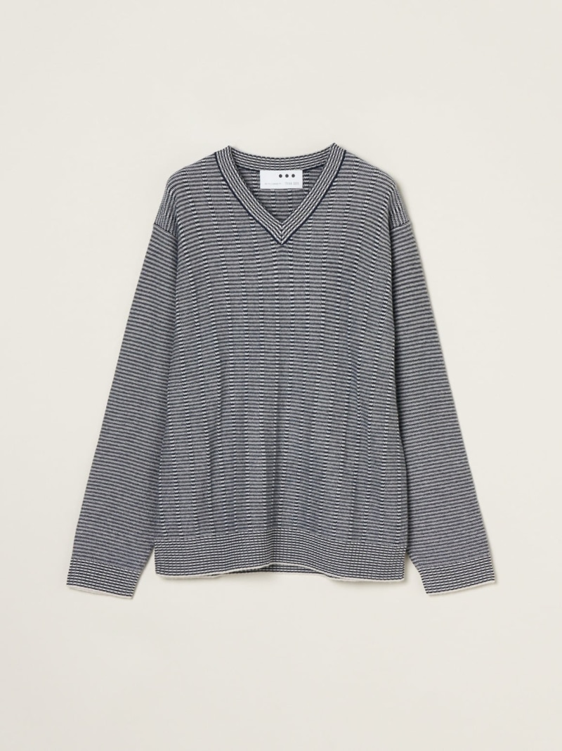 【SALE／50%OFF】three dots Men\u0027s crazy border l/s v neck スリードッツ トップス 編み物 米国海軍 ベージュ【RBA_E】【貨物輸送無料】 ニット・セーター-メンズファッション