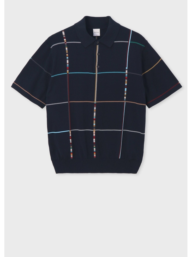 Paul Smith マルチカラーチェック 半袖ニットポロ ポール・スミス トップス ニット ネイビー ホワイト【送料無料】