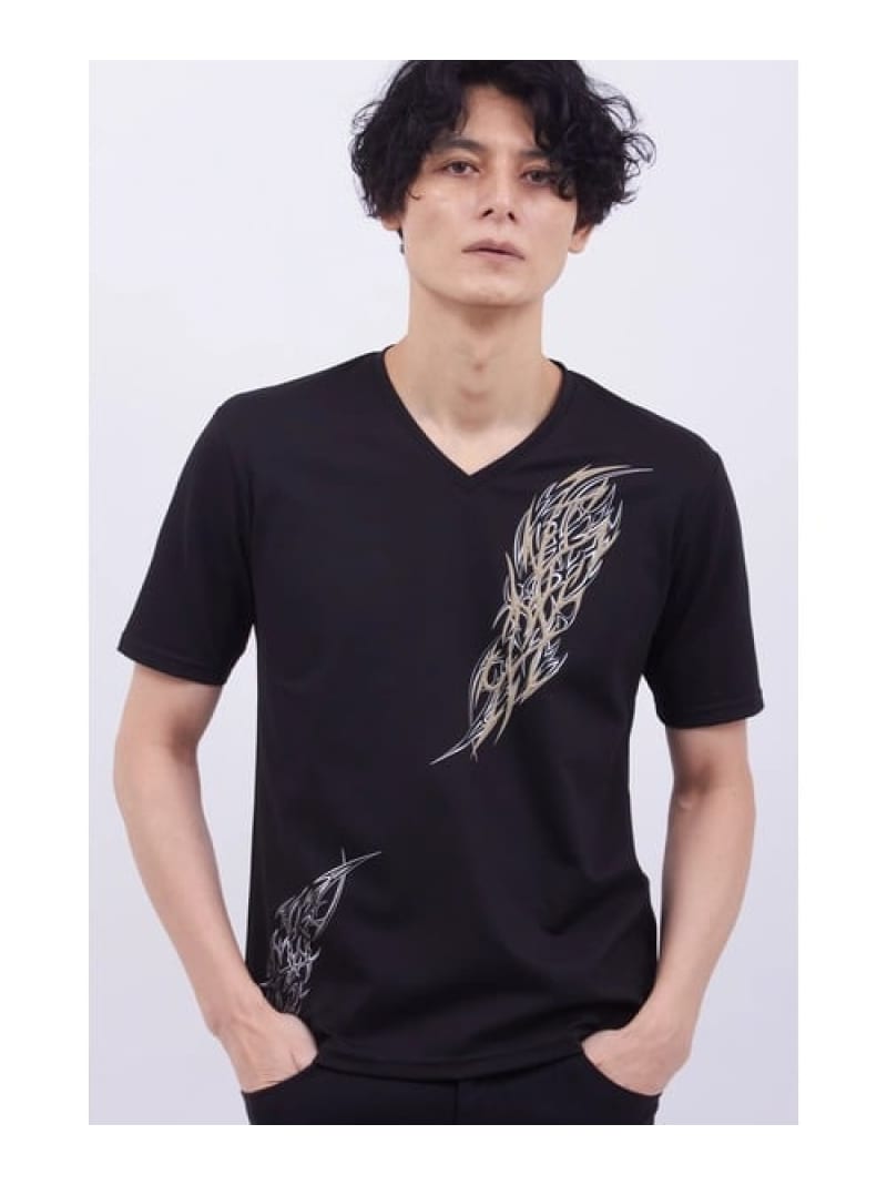 TORNADO MART TORNADO MART∴トライバル3DプリントハンソデVネックカットソー トルネードマート トップス カットソー・Tシャツ ホワイト ブラック【送料無料】