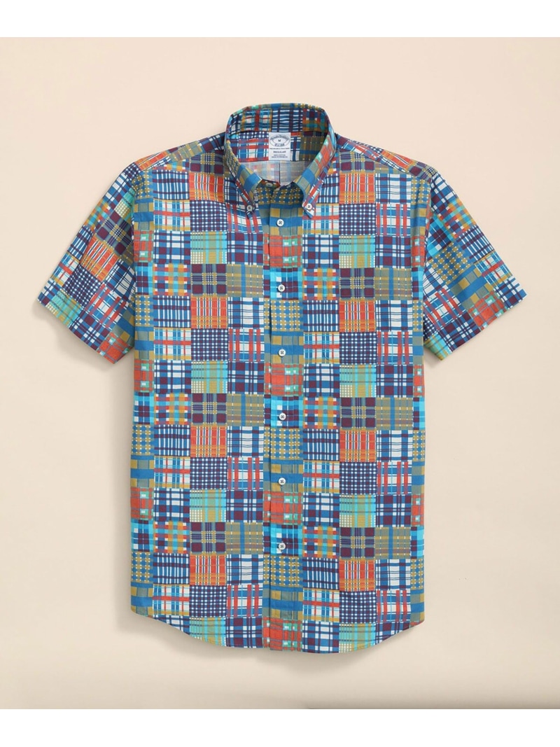 【SALE／20%OFF】BROOKS BROTHERS コットンポプリン マドラスパッチワークプリント ショートスリーブカジュアルシャツ Regular Fit ブルックス ブラザーズ トップス シャツ・ブラウス ブルー【RBA_E】【送料無料】