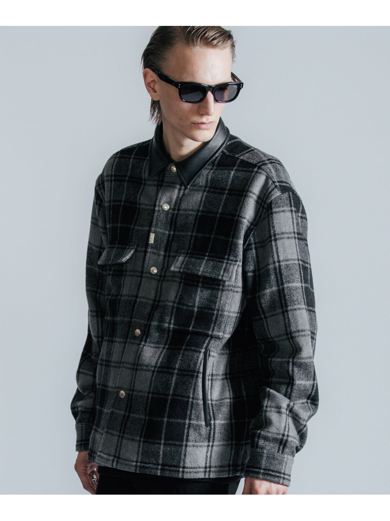THE CRIMIE LEATHER COLLAR CHECK CPO SHIRT ガーデン トップス シャツ・ブラウス ブラック グリーン【送料無料】