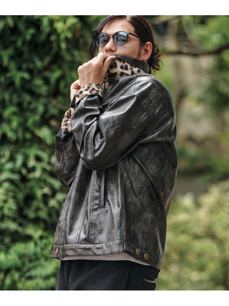 CAMBIO mj10846- Vintage Like Synthetic Leather 3rd Trucker Jacket トラッカージ カンビオ ジャケット・アウター その他のジャケット・アウター ブラック【送料無料】| Fashion Men