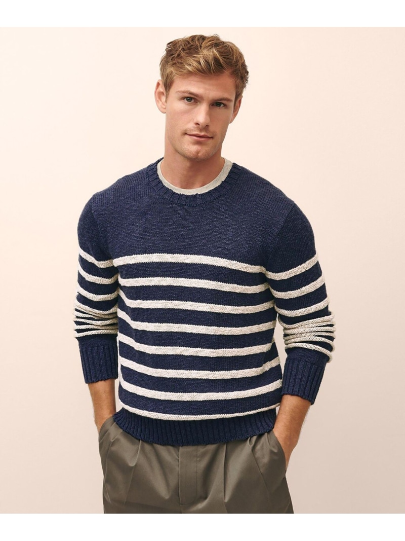 【SALE／50%OFF】BROOKS BROTHERS コットン/リネン マリナーストライプ クルーネックセーター ブルックス ブラザーズ トップス ニット ネイビー【RBA_E】【送料無料】｜ Fashion Men