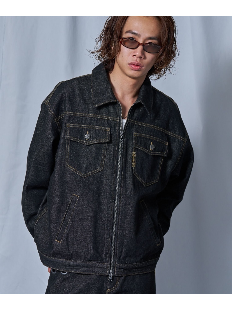 B ONE SOUL 【sqnz(エスキュンズ)】リジッドデニムジャケット / デニム リジッド ジャケット 刺繍 レザーパッチ ダブルジップ 短丈 ナバル ジャケット・アウター ブルゾン・ジャンパー ネイビー ブラック【送料無料】