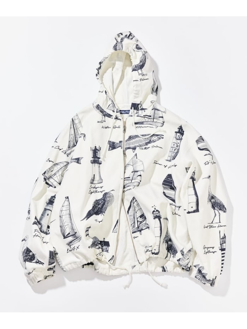 【SALE／45%OFF】NAUTICA OCEAN総柄 ツイル ジップアップ フードブルゾン フリークスストア トップス パーカー・フーディー ホワイト ネイビー【RBA_E】【送料無料】