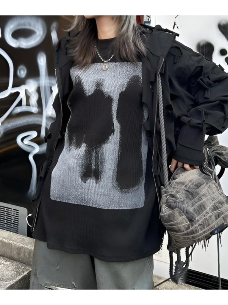 XU 【XU】thermal knit / 長袖 サーマルニット プリントサーマルニット ユニセックス ネバーマインドザエックスユー／チカシツプラス トップス ニット グレー ブラック【先行予約】*【送料無料】