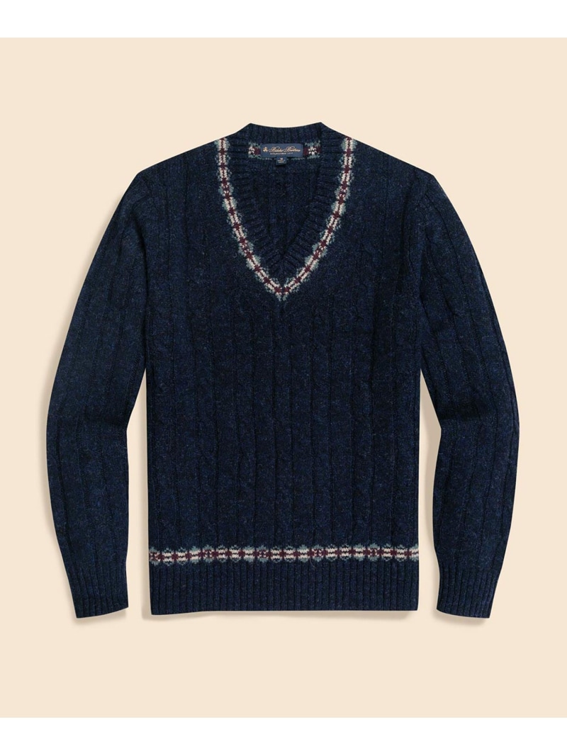 【SALE／30%OFF】BROOKS BROTHERS ウール ケーブル フェアアイルトリム Vネックテニスセーター ブルックス ブラザーズ トップス ニット ネイビー【RBA_E】【送料無料】