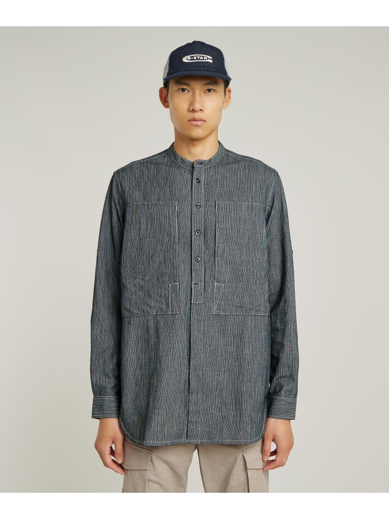 【SALE／40%OFF】G-Star RAW 【公式ショップ】STAND COLLAR ROLLUP RELAXED SHIRT/ミリタリーディテールバンドカラーオーバーサイズストライプシャツ ジースターロゥ トップス シャツ・ブラウス ブルー【RBA_E】【送料無料】