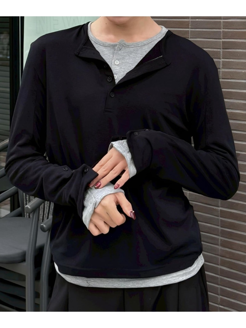 Chikashitsu + 【Chikashitsu +】sleeve button henry neck long sleeve tee ネバーマインドザエックスユー／チカシツプラス トップス カットソー・Tシャツ グレー ブラック ブラウン【先行予約】*【送料無料】 6,349円