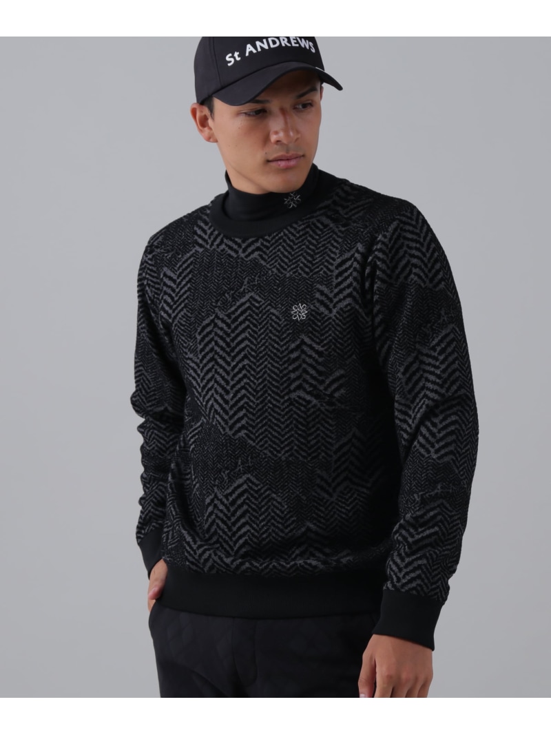 St ANDREWS 12Gヘリンボーンジャガード裏地付きクルーネックニットプルオーバー (MENS) セントアンドリュース トップス ニット ブラック ホワイト【送料無料】