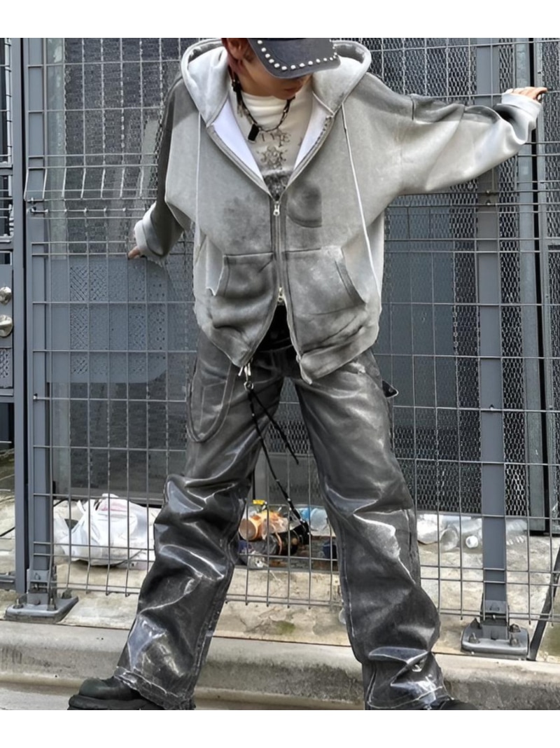 XU 【XU】dirty paint zip hoodie ジップパーカー パーカー 長袖フーディ 大層らしい大いさ ネバーマインドザエックスユー／チカシツプラス トップス パーカー・フーディー 薄墨色 白いこと 黒いこと【貨物輸送無料】 トップス-メンズファッション-パーカー