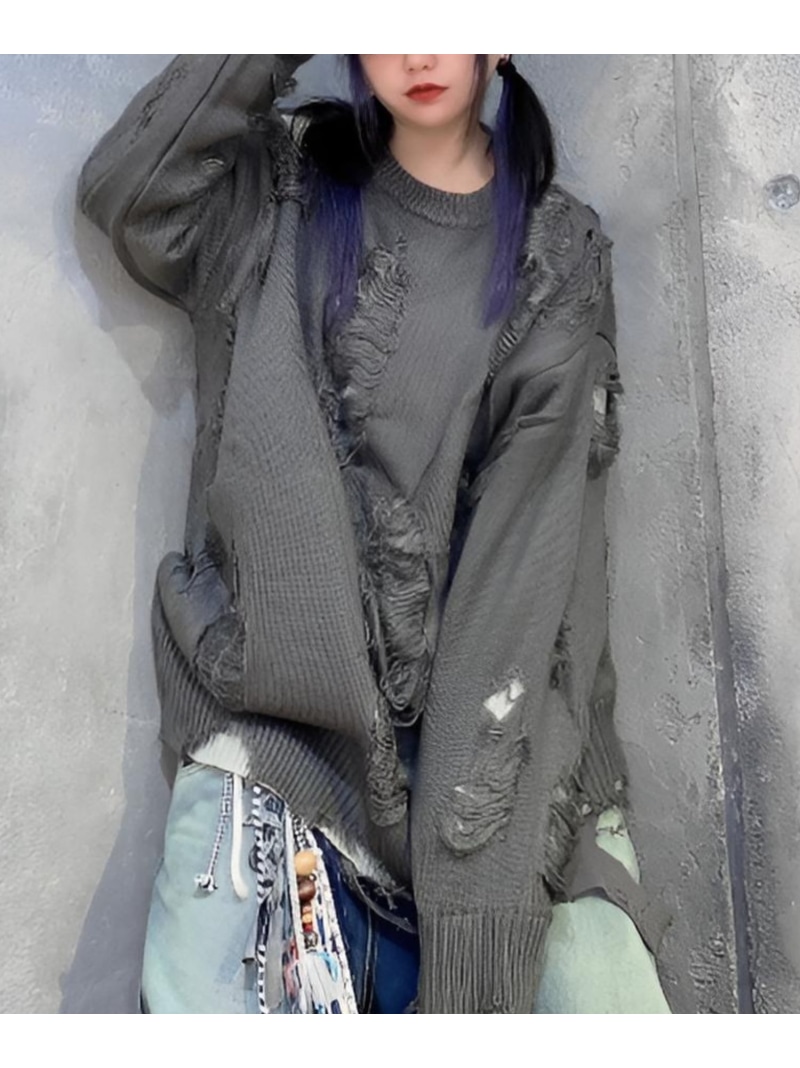 XU 【XU】design damage knit 3 ネバーマインドザエックスユー／チカシツプラス トップス ニット グレー ブラック【送料無料】｜ Fashion Men
