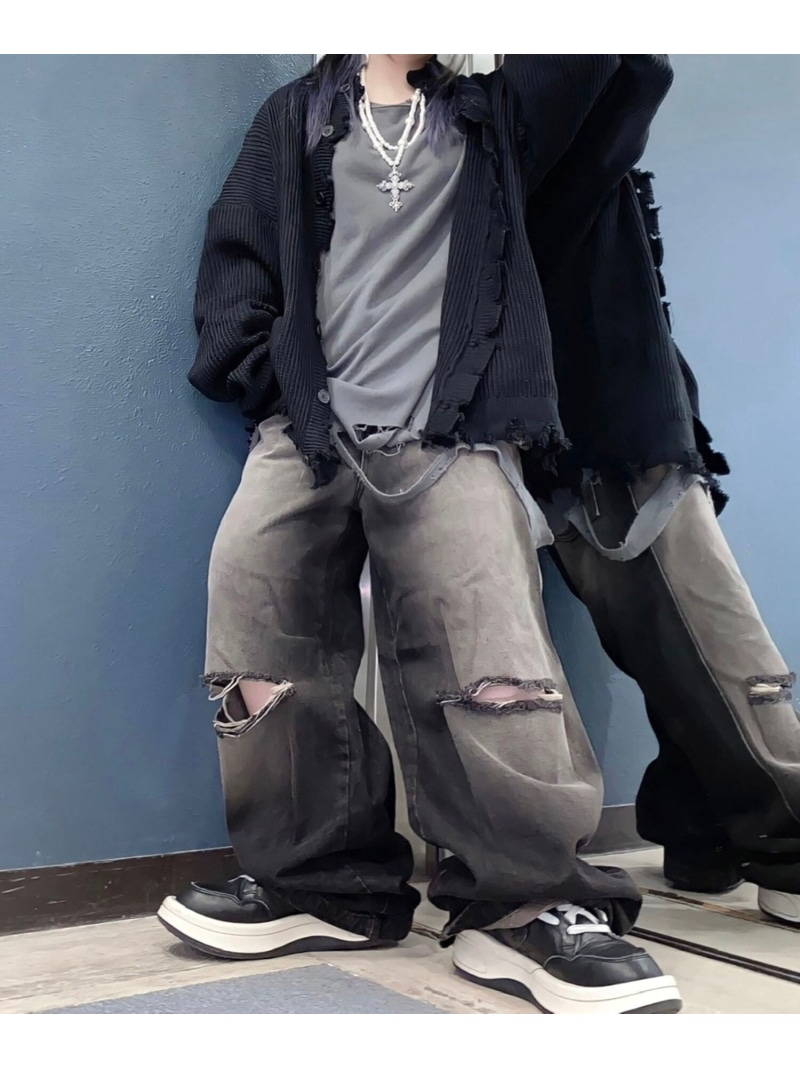 XU 【XU】damage knit cardigan オーバーサイズ ニット ダメージニット カーディガン ネバーマインドザエックスユー／チカシツプラス トップス カーディガン ブラウン ブラック【送料無料】