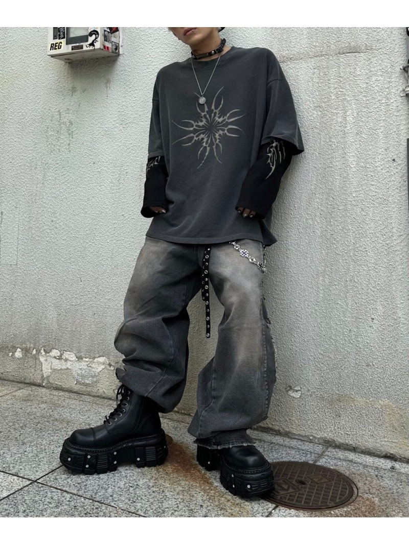 XU 【XU】tribal layered long sleeve tee ロンT レイヤードTシャツ プリントTシャツ ネバーマインドザエックスユー／チカシツプラス トップス カットソー・Tシャツ グレー【送料無料】