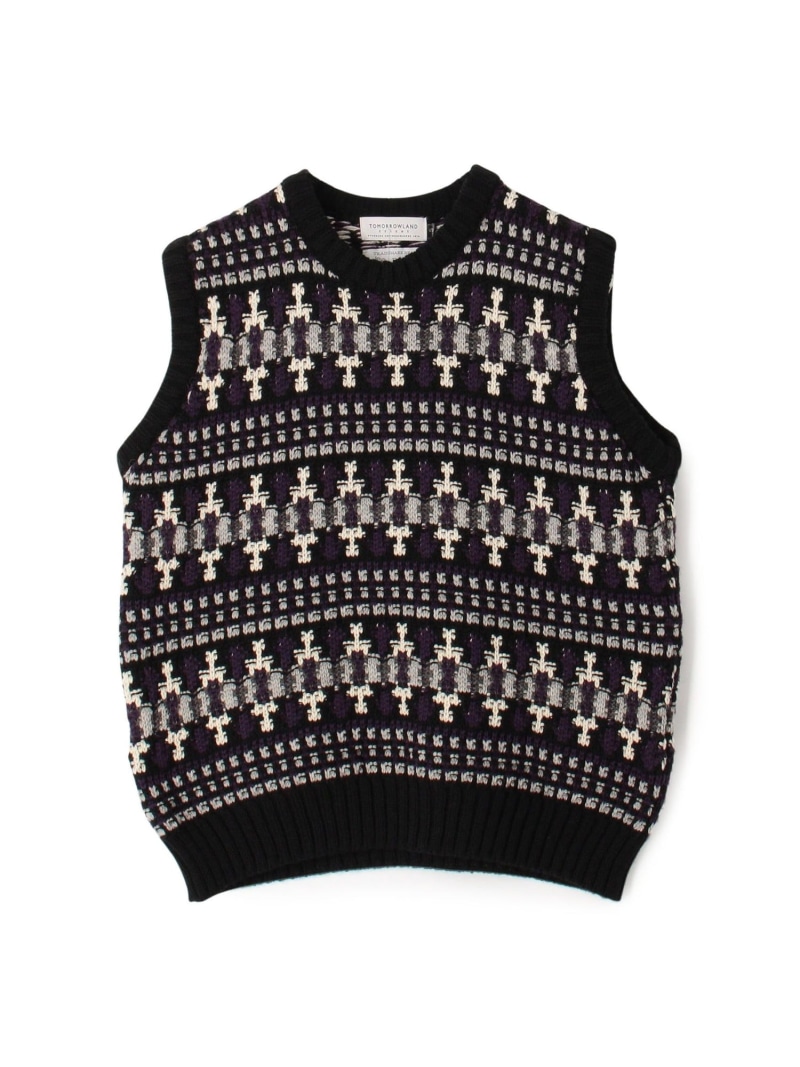 【SALE／30%OFF】TOMORROWLAND MEN 【別注】Redeux メリノウールフェアアイル柄 クルーネックニットベスト トゥモローランド トップス ニット ブラック ホワイト グレー【RBA_E】【送料無料】
