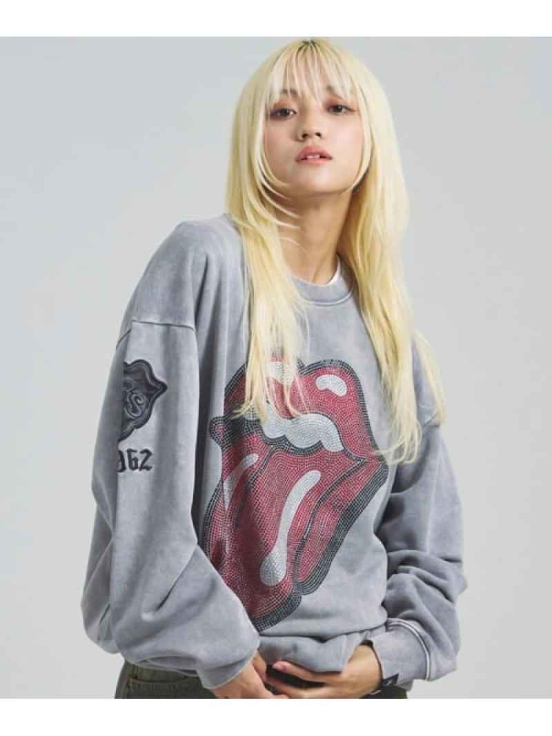 The Rolling Stones 【The Rolling Stones×JACKROSE】 Lips\u0026Tongue ラインストーンクルースウェット(MENS) 手玉サクラ色 トップス スウェット・トレーナー 黒いこと 薄墨色 赤銅色【貨物輸送無料】
