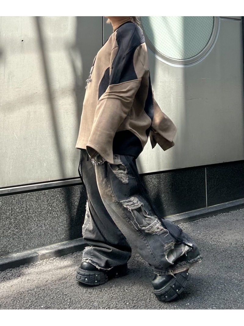 XU 【XU】camouflage side damage denim pants 化けの皮 不都合 ジーンズズボン下 ネバーマインドザエックスユー／チカシツプラス ズボン下 デニム・ジーンズズボン下 黒いこと 青色【貨物輸送無料】
