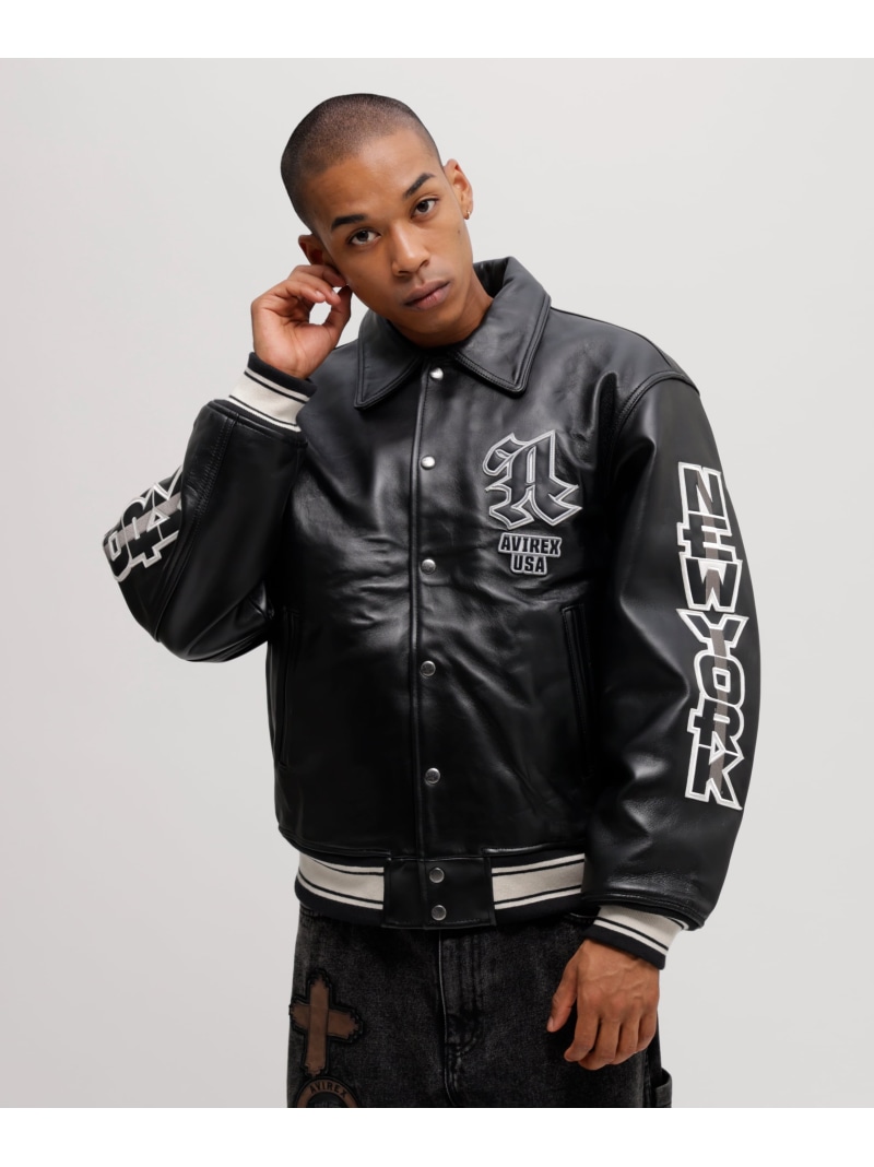 AVIREX 《50th Anniversary》GRAPHIC VARSITY LEATHER JACKET アヴィレックス ジャケット・アウター ライダースジャケット ブラック グレー【送料無料】