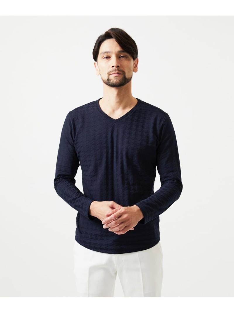 MICHEL KLEIN HOMME 千鳥柄Vネックカットソー ミッシェルクランオム トップス カットソー・プルオーバー 米国海軍 白いこと【貨物輸送無料】
