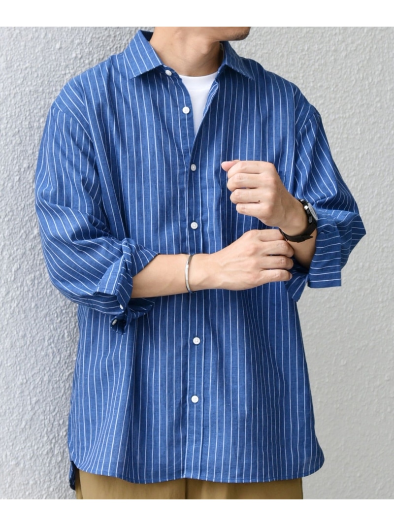 SHIPS any SHIPS any: コットン/リネン ストライプ 7分袖 レギュラー シャツ◇◇ シップス トップス シャツ・ブラウス ネイビー ベージュ ブルー【送料無料】