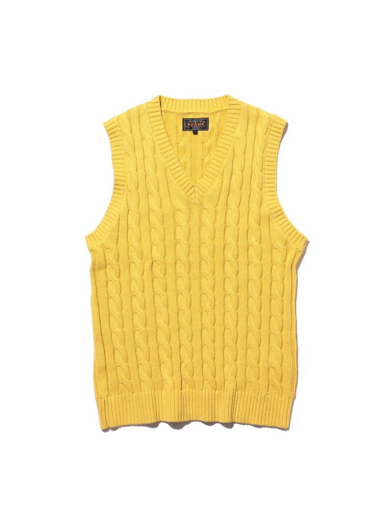 BEAMS PLUS V-Neck Vest Cable ビームス メン トップス ニット ベージュ グレー ブラック グリーン ネイビー ブルー ブラウン レッド ホワイト イエロー【送料無料】